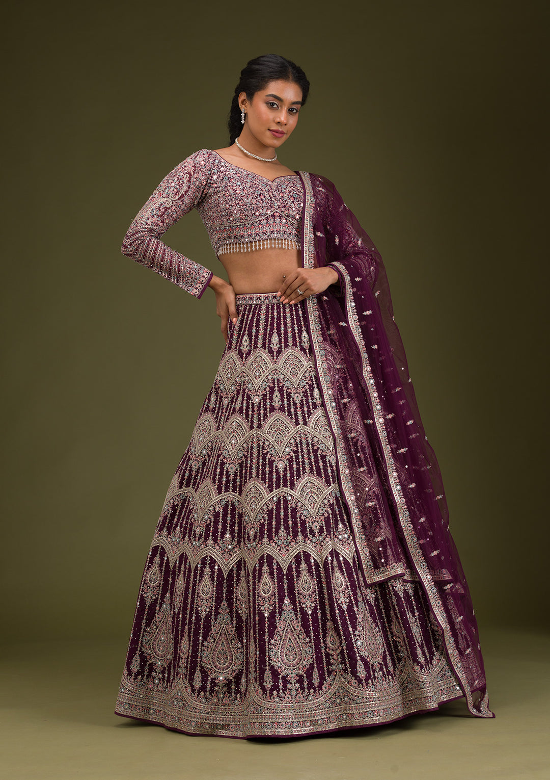 Koskii Net Burgundy Lehenga with Zariwork – Elegant Evening Wear