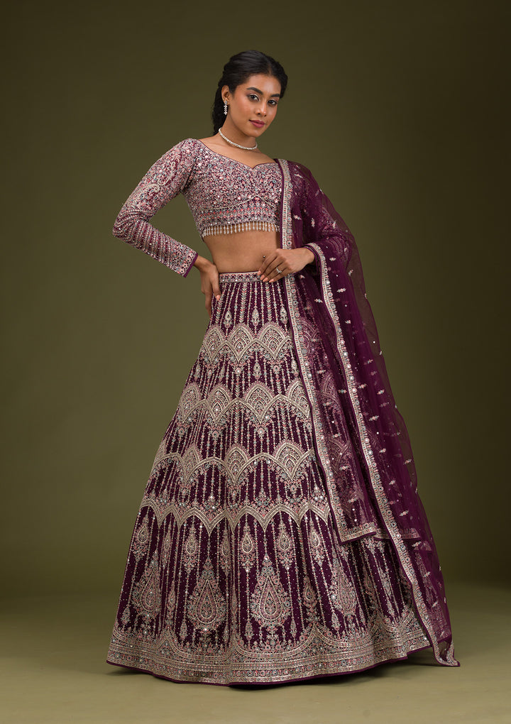 Koskii Net Burgundy Lehenga with Zariwork – Elegant Evening Wear