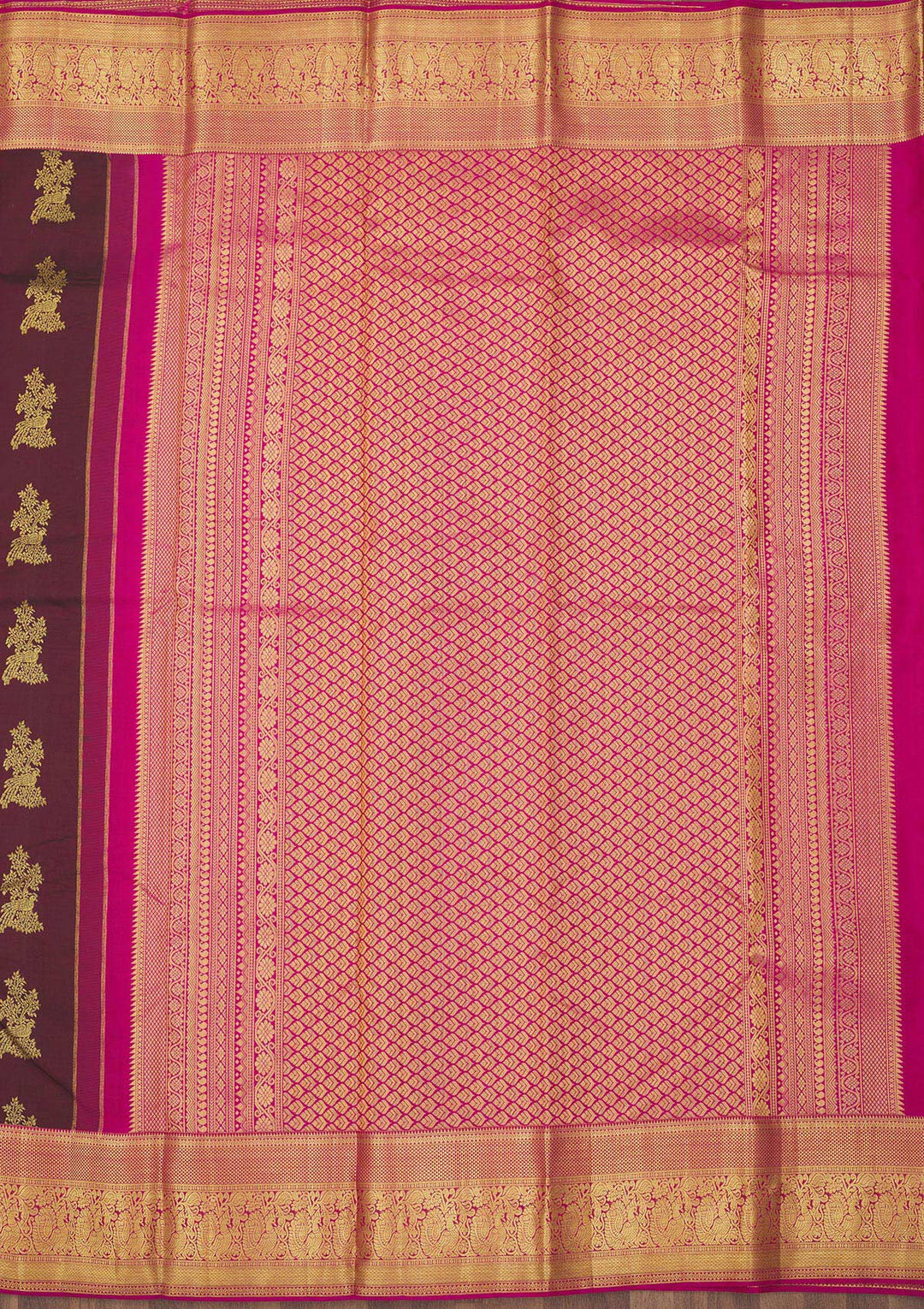 Wine Silk Buti Gold Zariwork Saree With Matching Blouse Piece