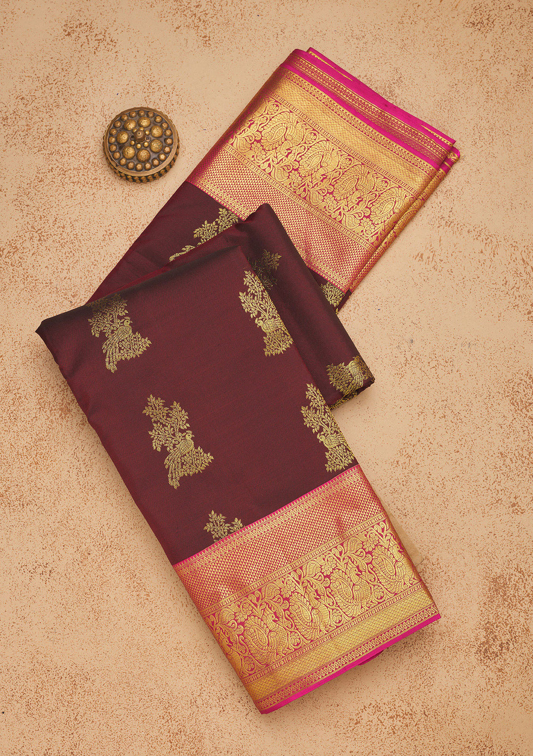 Wine Silk Buti Gold Zariwork Saree With Matching Blouse Piece