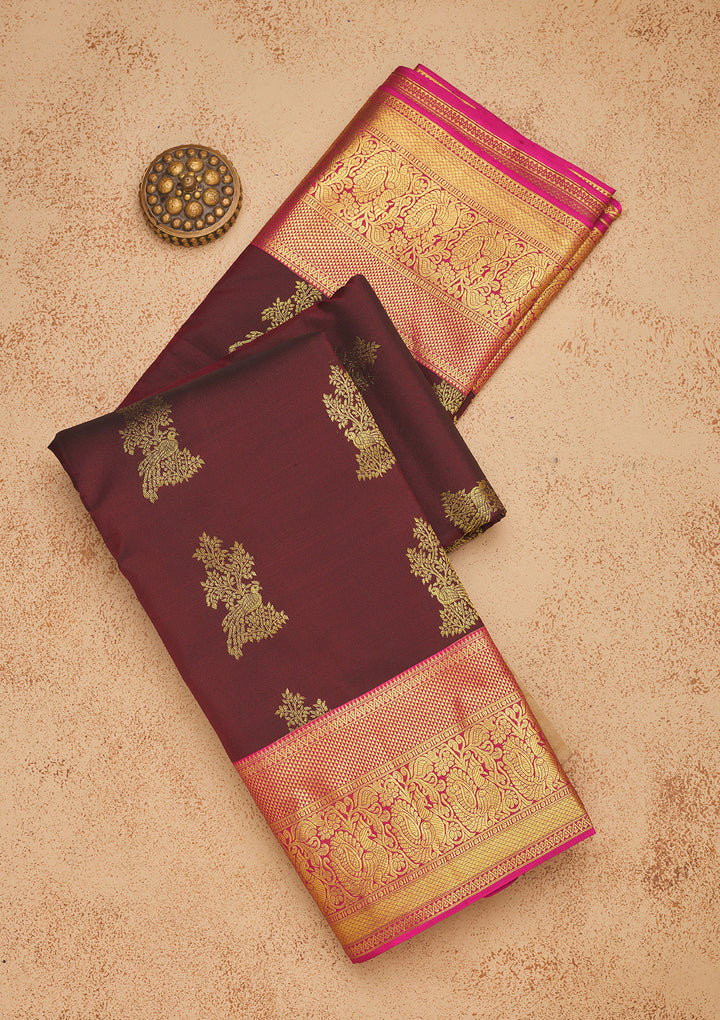Wine Silk Buti Gold Zariwork Saree With Matching Blouse Piece