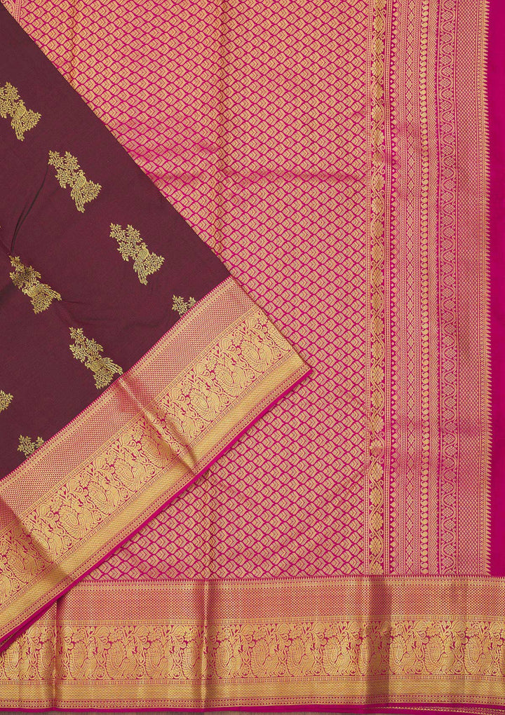 Wine Silk Buti Gold Zariwork Saree With Matching Blouse Piece