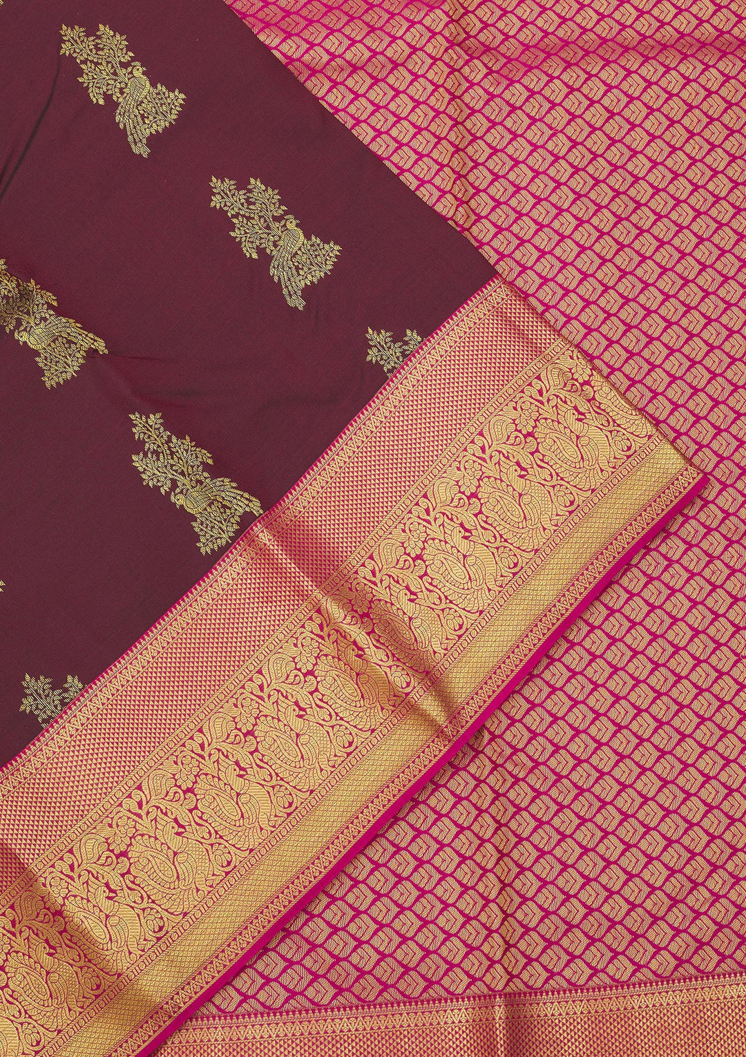Wine Silk Buti Gold Zariwork Saree With Matching Blouse Piece