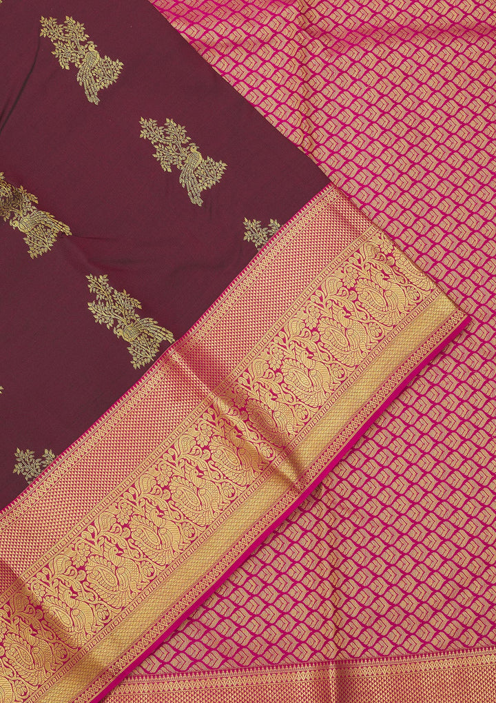 Wine Silk Buti Gold Zariwork Saree With Matching Blouse Piece