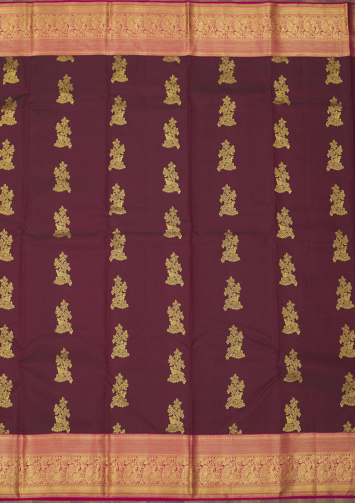 Wine Silk Buti Gold Zariwork Saree With Matching Blouse Piece