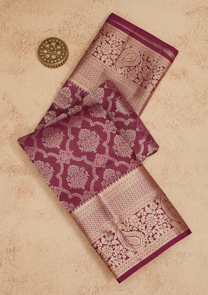 Wine Silk Jaal Gold Zariwork Saree With Matching Blouse Piece