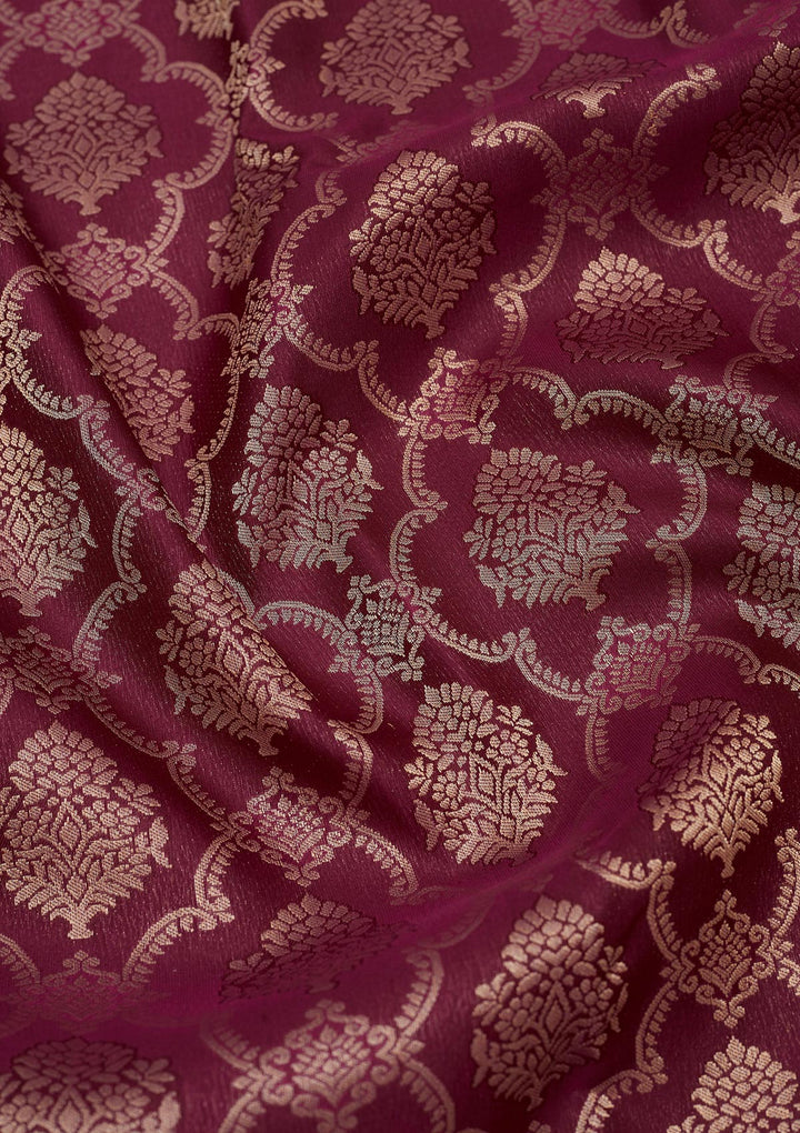 Wine Silk Jaal Gold Zariwork Saree With Matching Blouse Piece