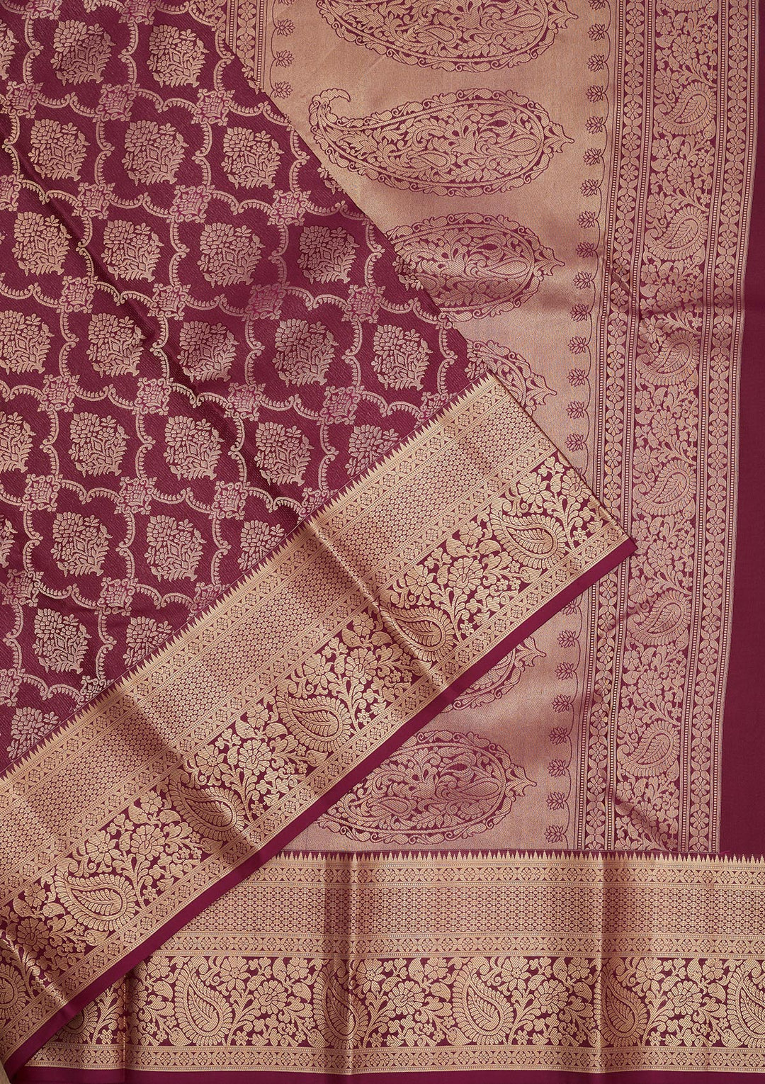 Wine Silk Jaal Gold Zariwork Saree With Matching Blouse Piece
