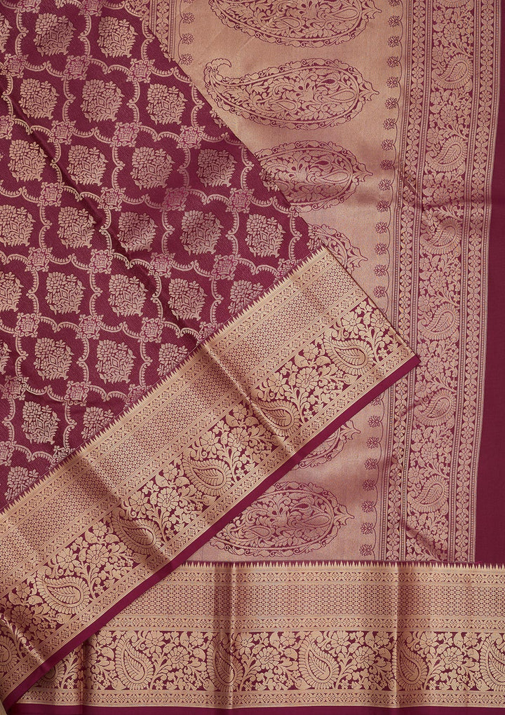 Wine Silk Jaal Gold Zariwork Saree With Matching Blouse Piece