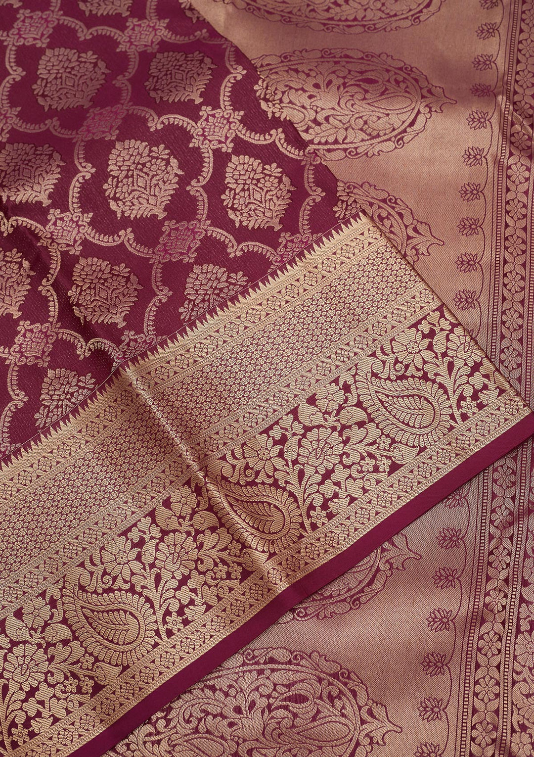 Wine Silk Jaal Gold Zariwork Saree With Matching Blouse Piece