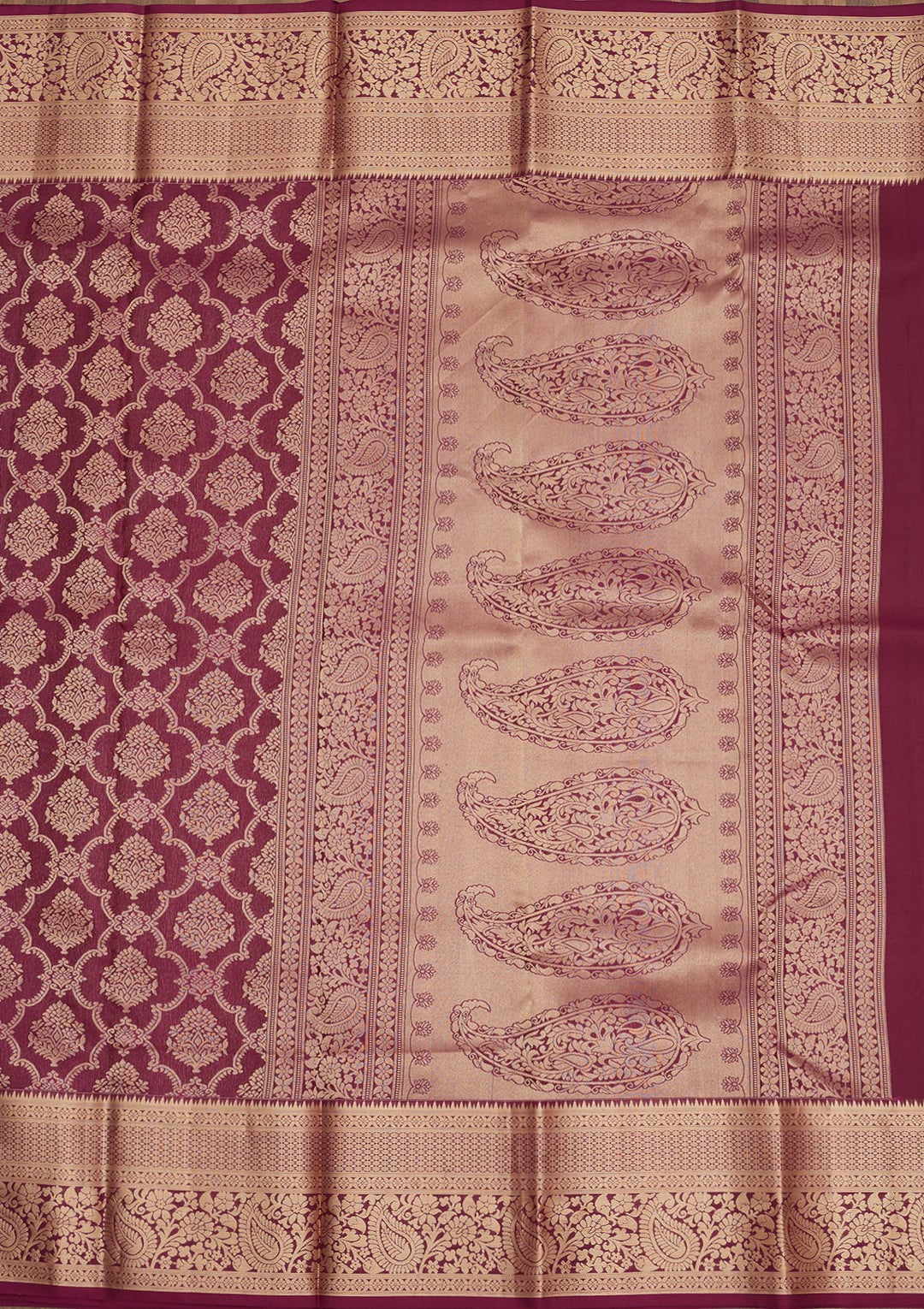 Wine Silk Jaal Gold Zariwork Saree With Matching Blouse Piece