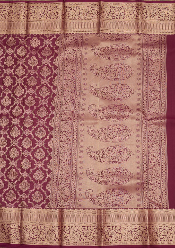 Wine Silk Jaal Gold Zariwork Saree With Matching Blouse Piece