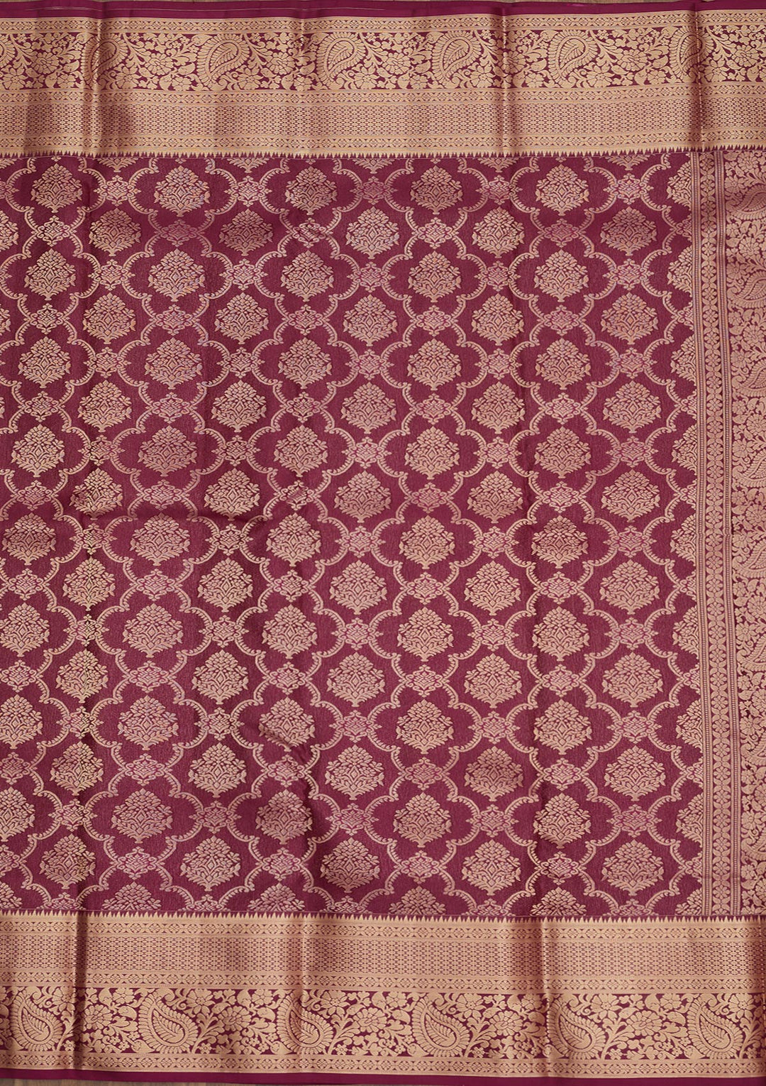Wine Silk Jaal Gold Zariwork Saree With Matching Blouse Piece