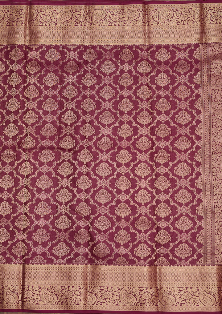 Wine Silk Jaal Gold Zariwork Saree With Matching Blouse Piece