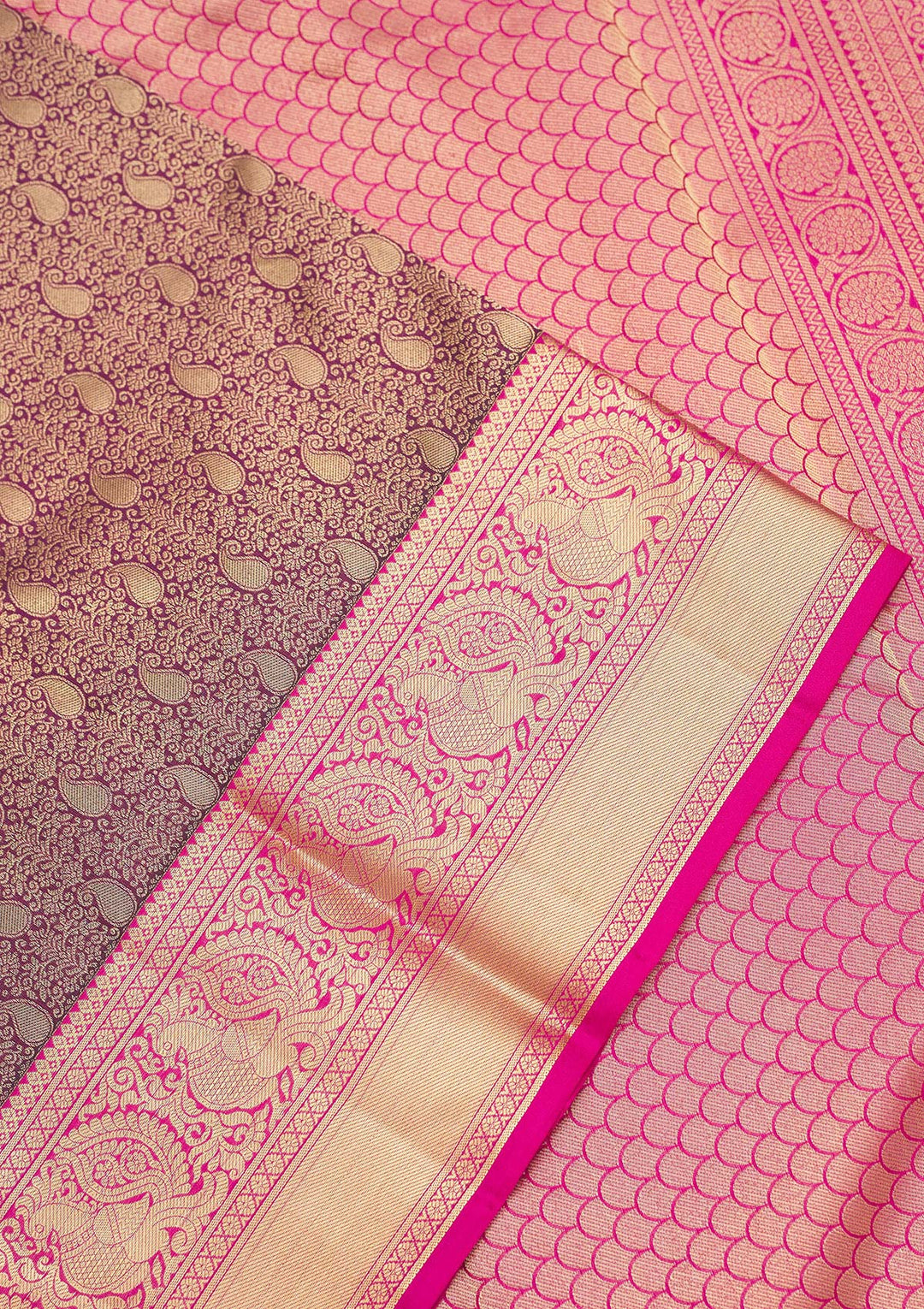 Wine Silk Jaal Gold Zariwork Saree With Matching Blouse Piece