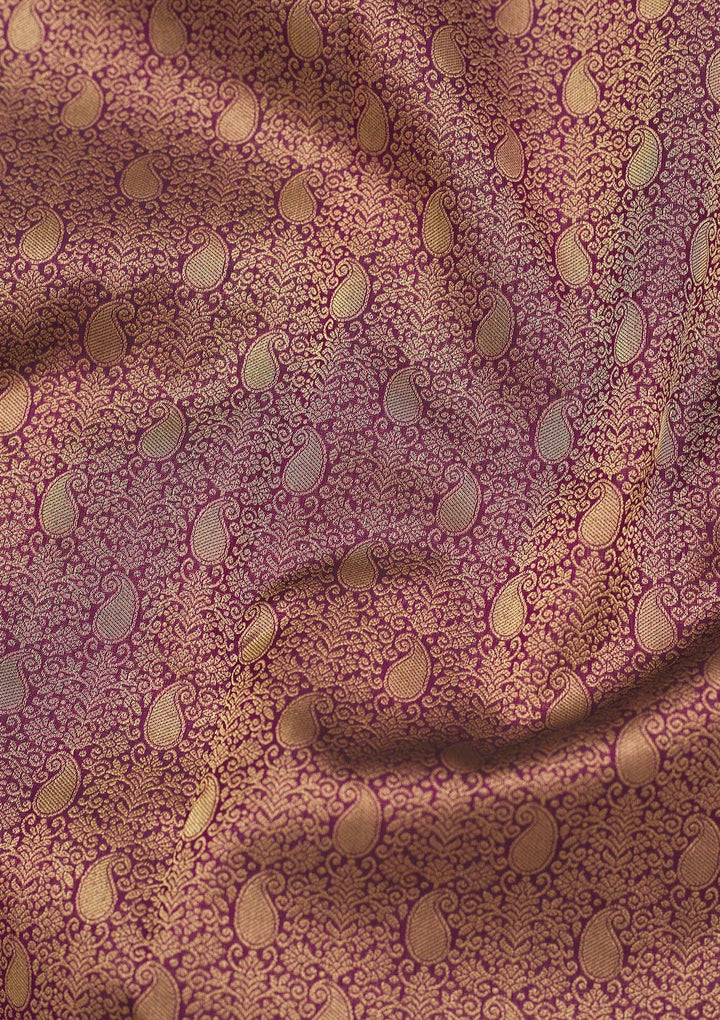 Wine Silk Jaal Gold Zariwork Saree With Matching Blouse Piece