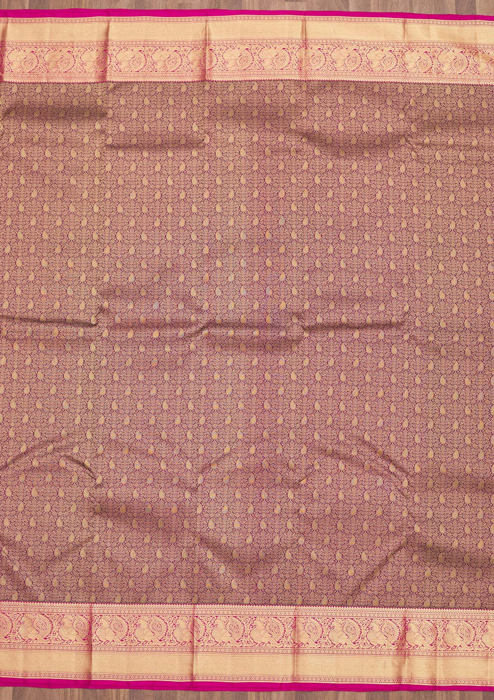 Wine Silk Jaal Gold Zariwork Saree With Matching Blouse Piece