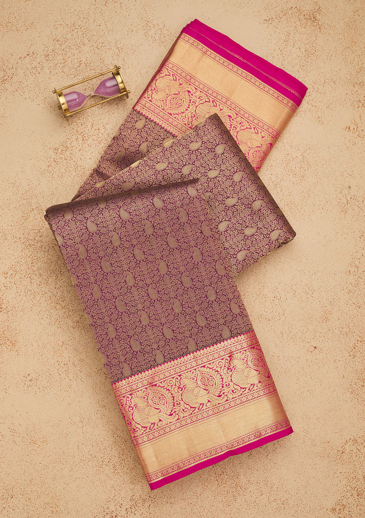 Wine Silk Jaal Gold Zariwork Saree With Matching Blouse Piece