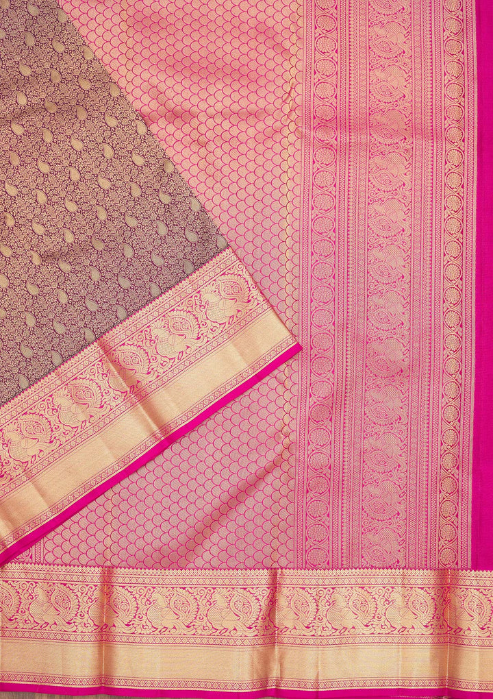 Wine Silk Jaal Gold Zariwork Saree With Matching Blouse Piece