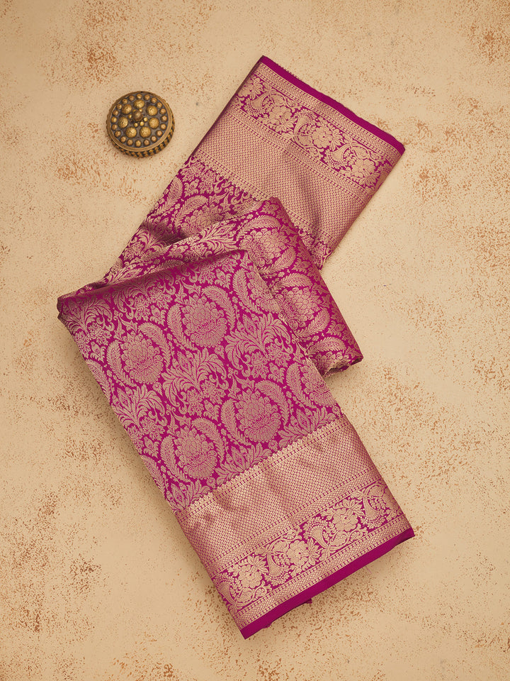 Wine Silk Jaal Gold Zariwork Saree With Matching Blouse Piece