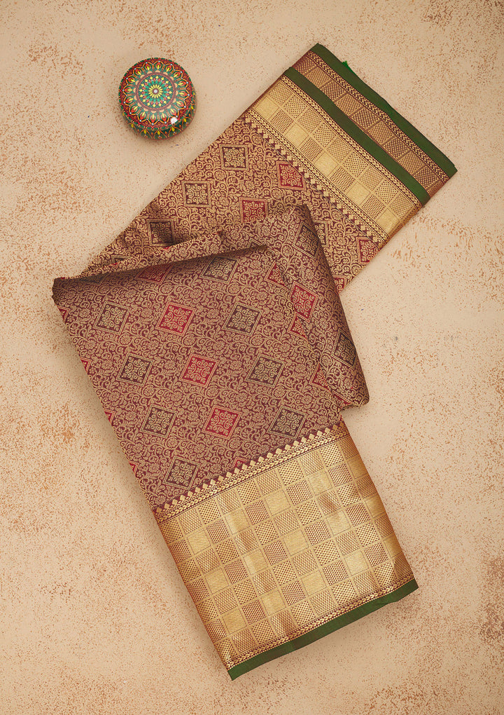 Wine Silk Jaal Gold Zariwork Saree With Matching Blouse Piece