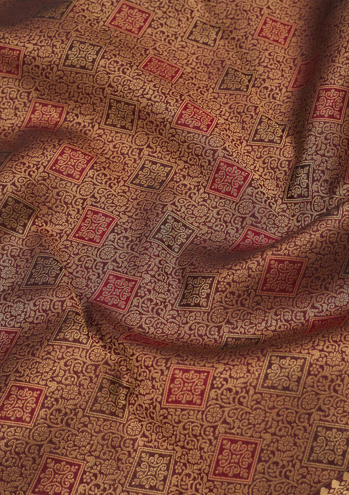 Wine Silk Jaal Gold Zariwork Saree With Matching Blouse Piece