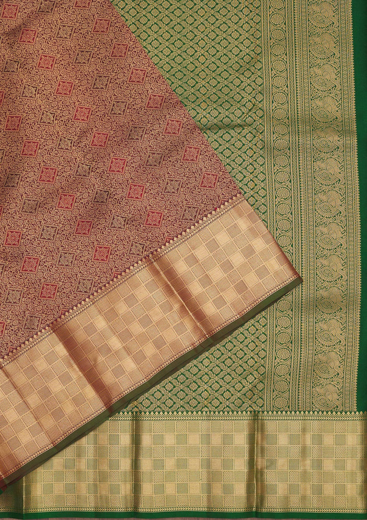 Wine Silk Jaal Gold Zariwork Saree With Matching Blouse Piece
