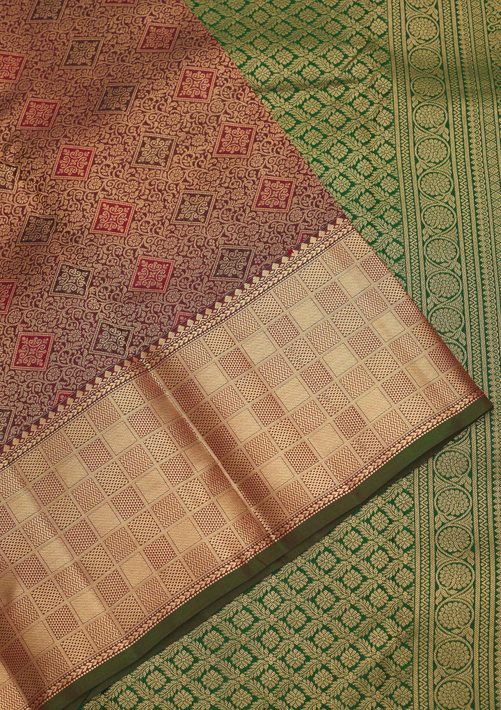 Wine Silk Jaal Gold Zariwork Saree With Matching Blouse Piece