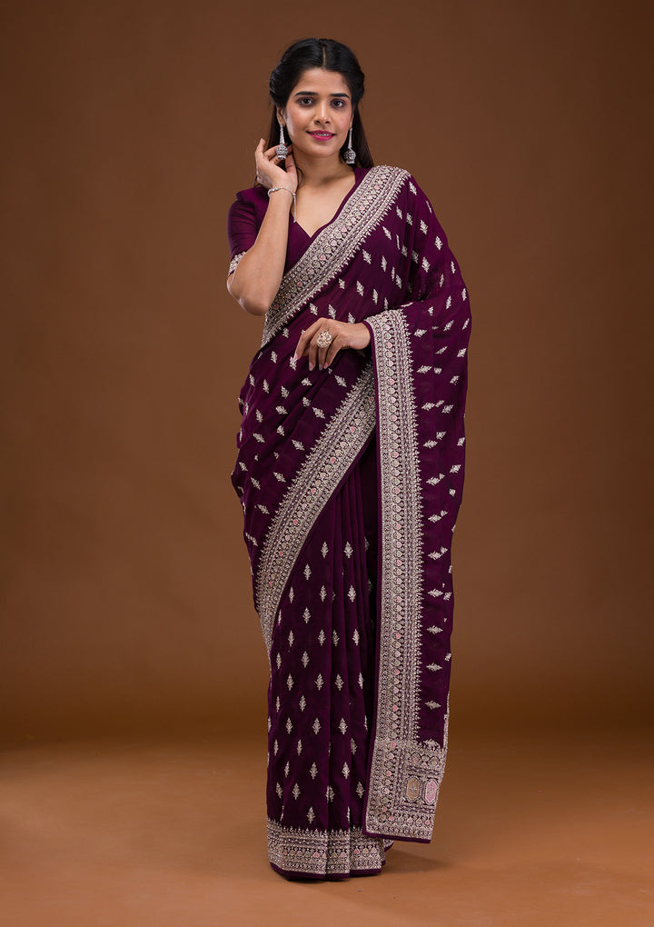 Wine Soft Raw Silk Silver Zariwork Saree With Matching Blouse Piece