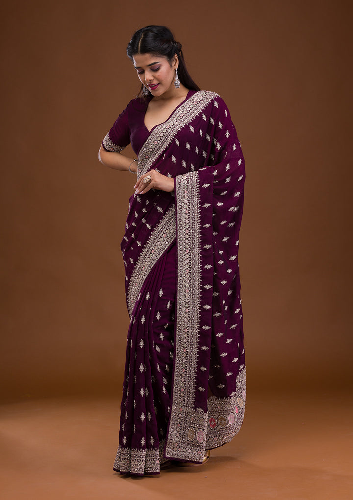 Wine Soft Raw Silk Silver Zariwork Saree With Matching Blouse Piece