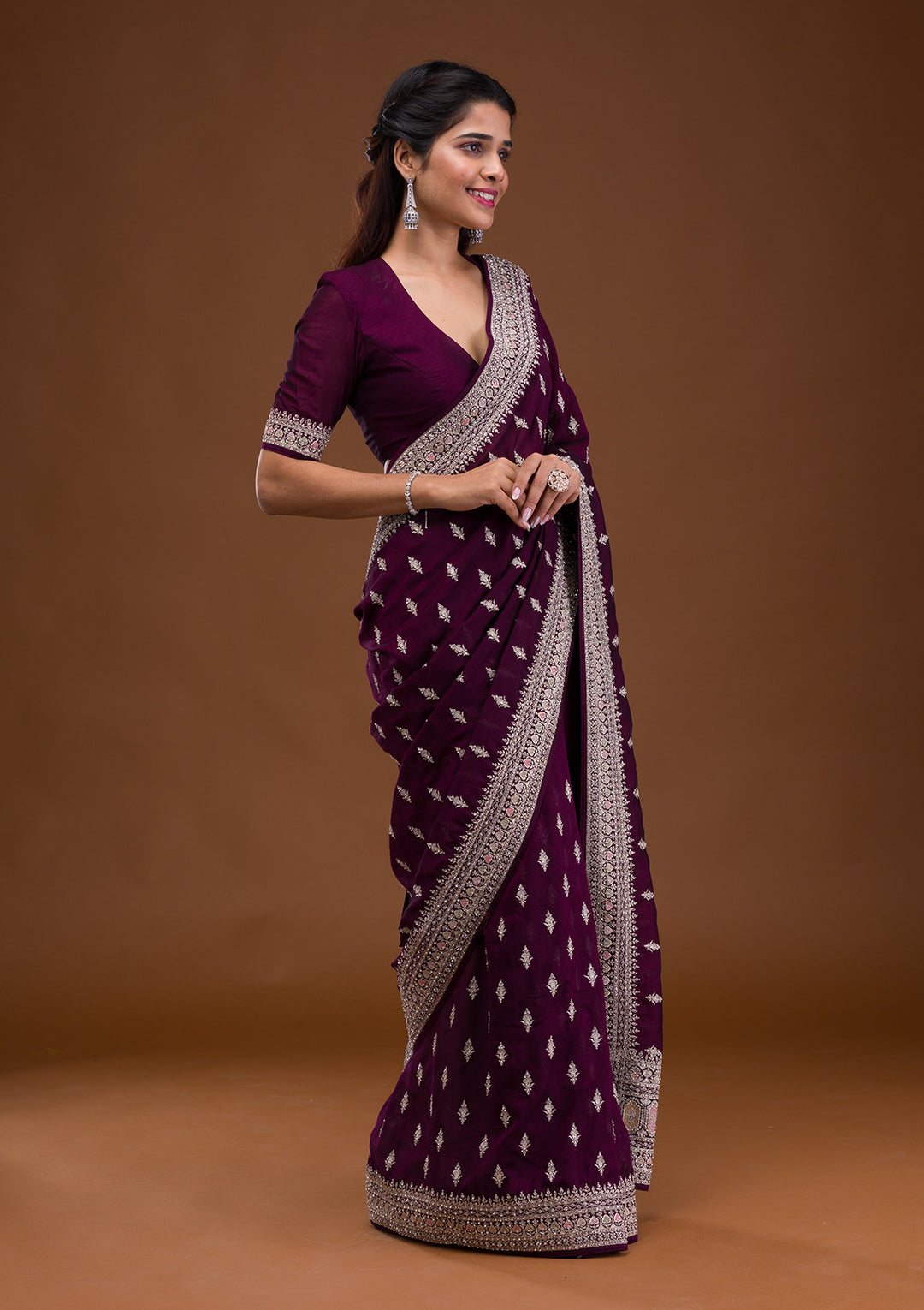 Wine Soft Raw Silk Silver Zariwork Saree With Matching Blouse Piece