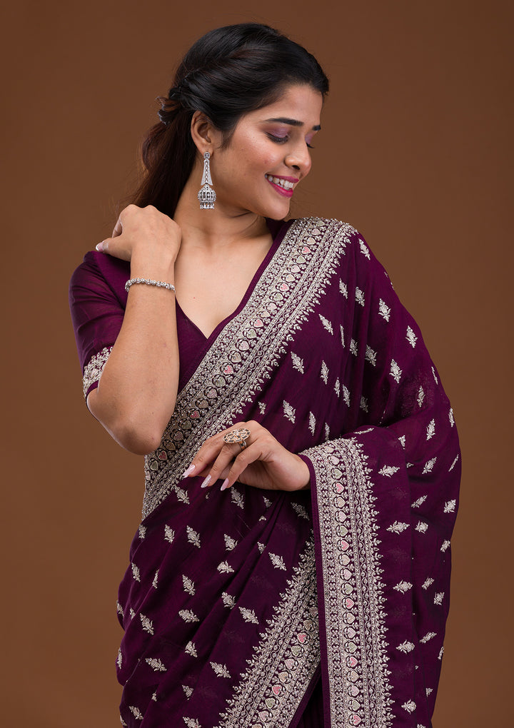 Wine Soft Raw Silk Silver Zariwork Saree With Matching Blouse Piece