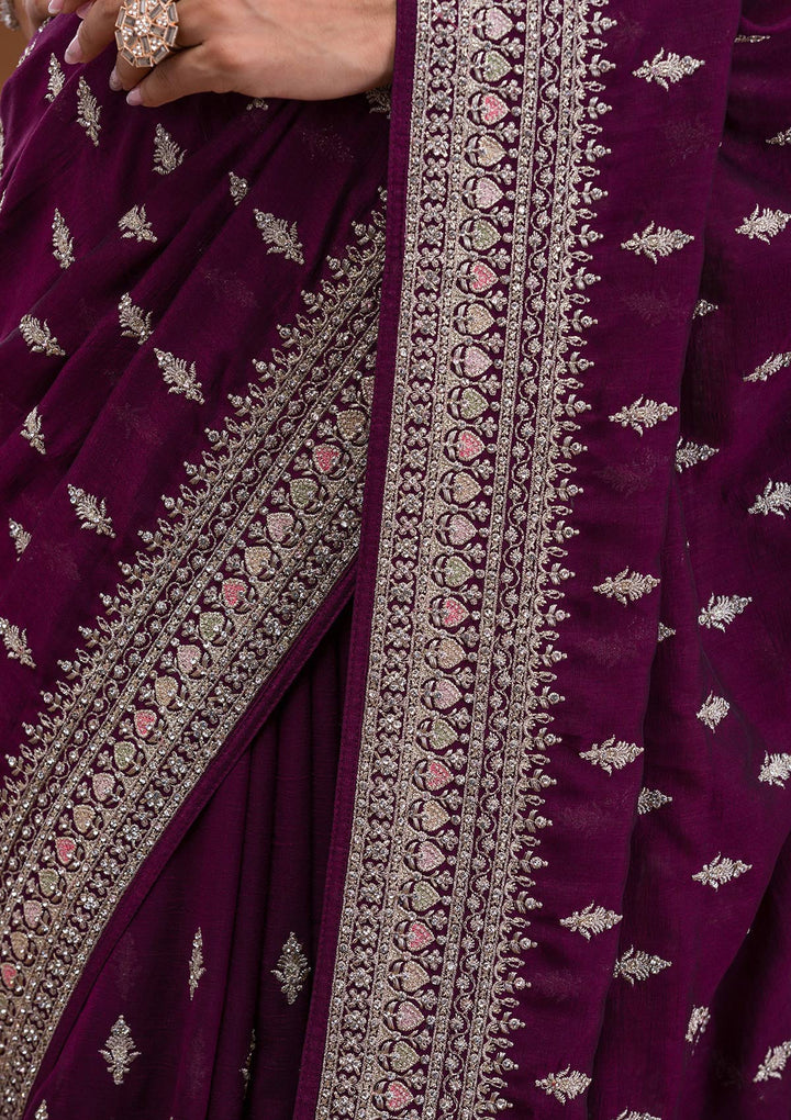 Wine Soft Raw Silk Silver Zariwork Saree With Matching Blouse Piece