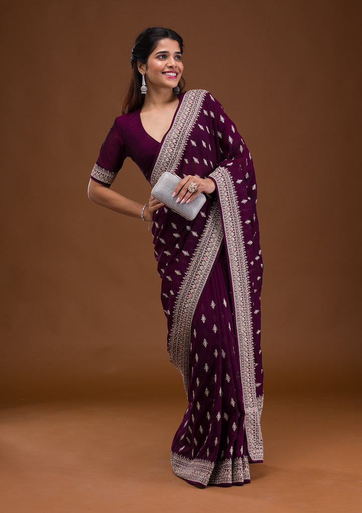 Wine Soft Raw Silk Silver Zariwork Saree With Matching Blouse Piece
