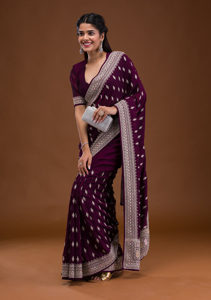 Wine Soft Raw Silk Silver Zariwork Saree With Matching Blouse Piece