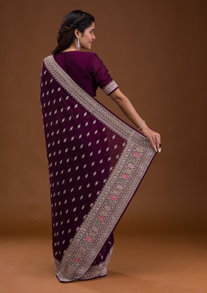 Wine Soft Raw Silk Silver Zariwork Saree With Matching Blouse Piece
