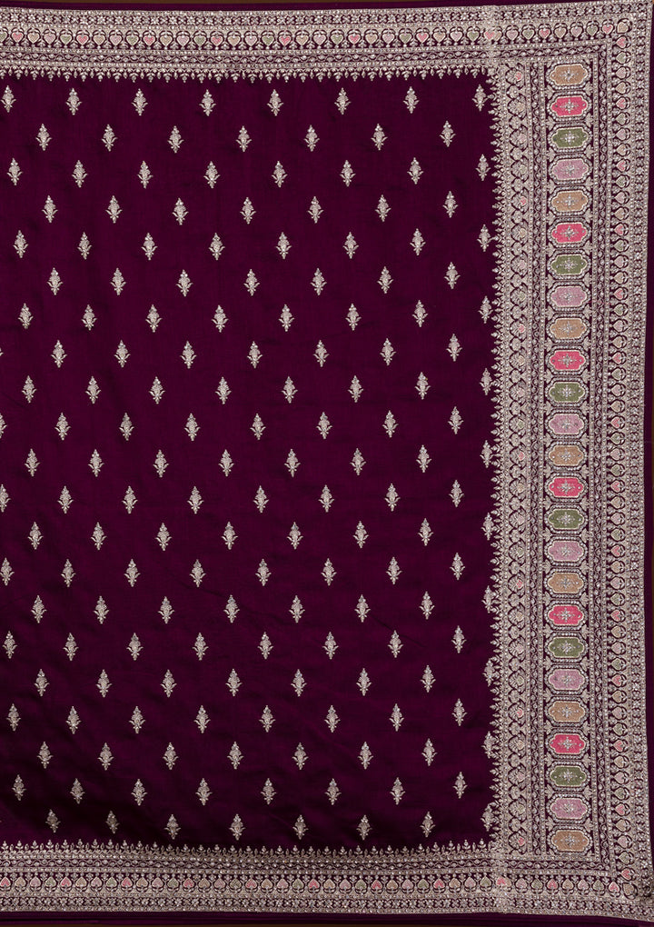 Wine Soft Raw Silk Silver Zariwork Saree With Matching Blouse Piece