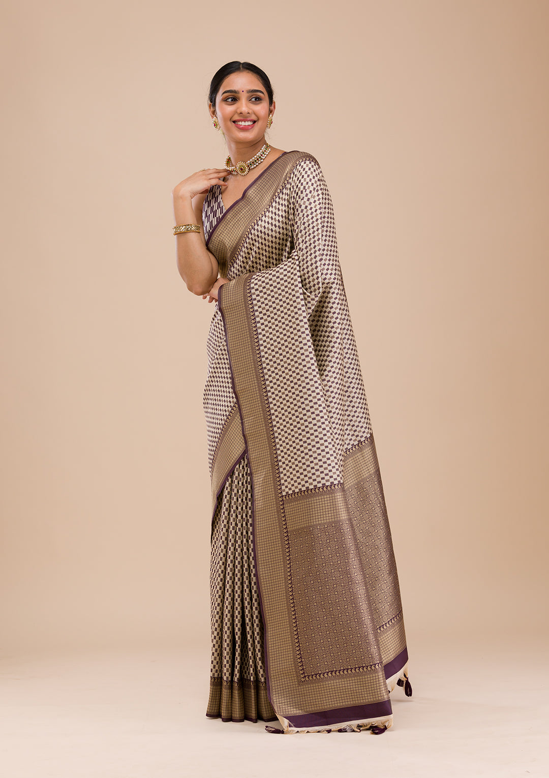 Wine Silk Checks Gold Zariwork Saree With Matching Blouse Piece