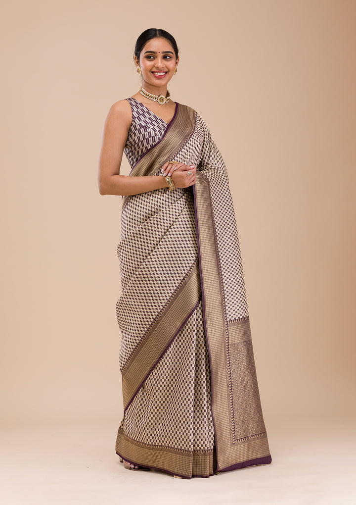 Wine Silk Checks Gold Zariwork Saree With Matching Blouse Piece