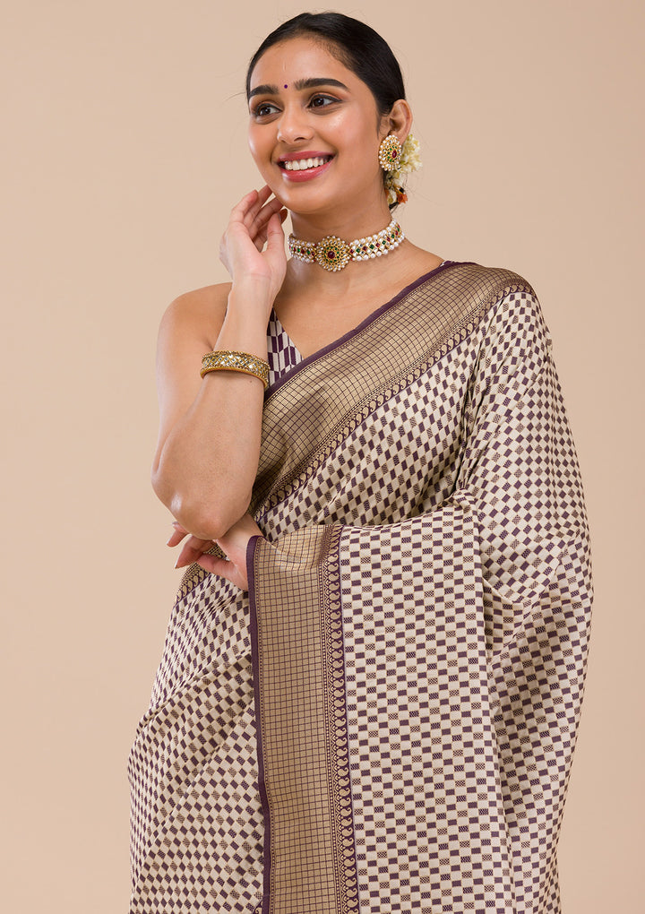 Wine Silk Checks Gold Zariwork Saree With Matching Blouse Piece