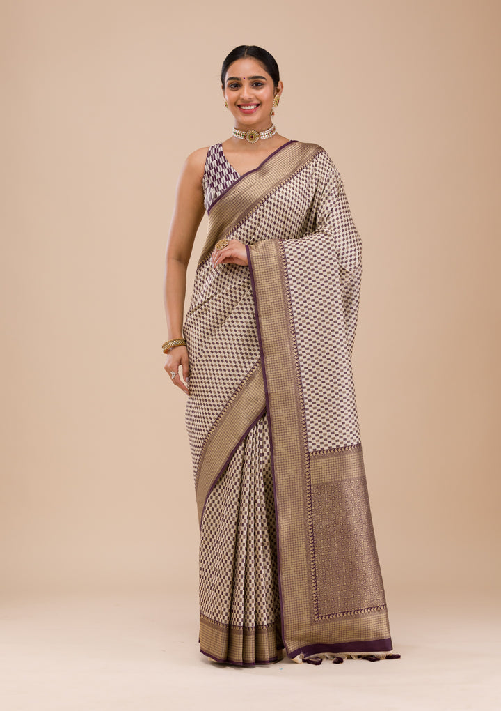 Wine Silk Checks Gold Zariwork Saree With Matching Blouse Piece