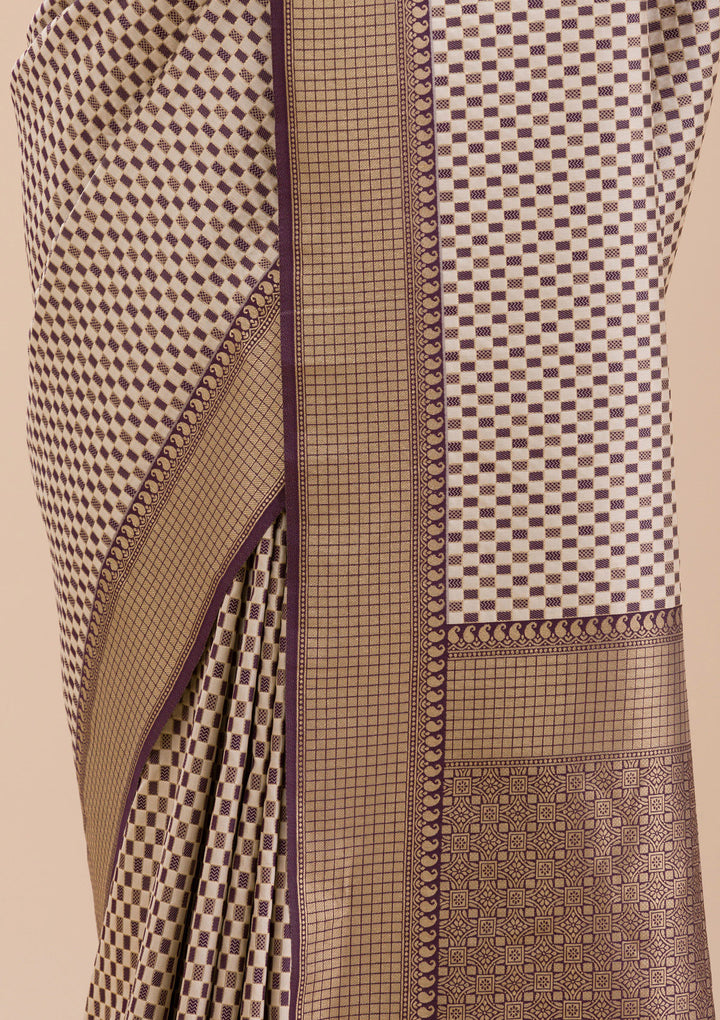 Wine Silk Checks Gold Zariwork Saree With Matching Blouse Piece
