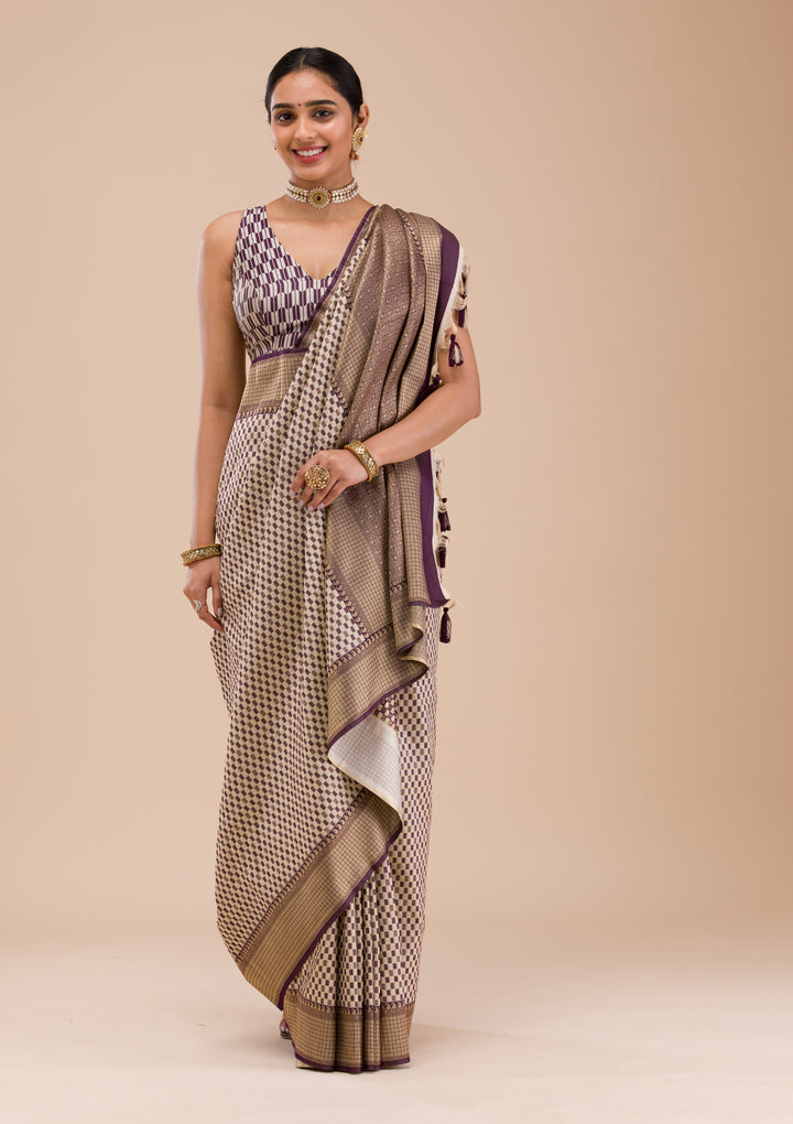 Wine Silk Checks Gold Zariwork Saree With Matching Blouse Piece