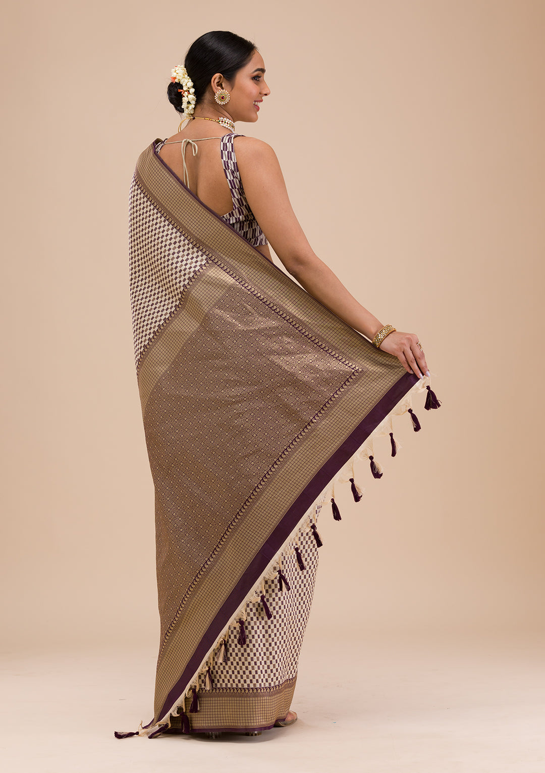 Wine Silk Checks Gold Zariwork Saree With Matching Blouse Piece