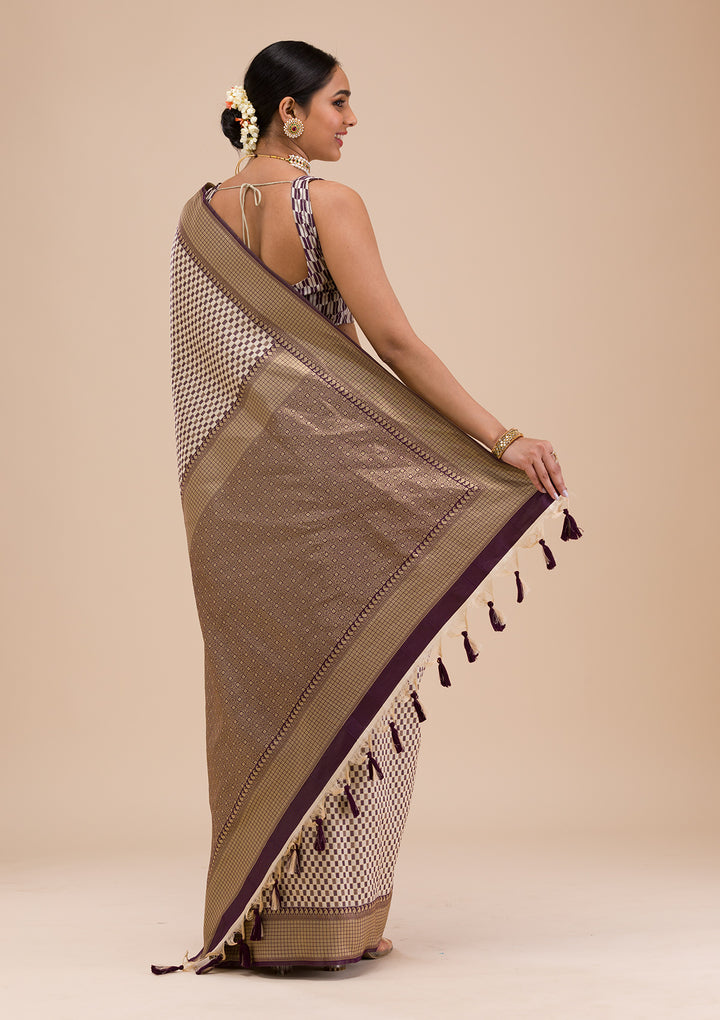 Wine Silk Checks Gold Zariwork Saree With Matching Blouse Piece