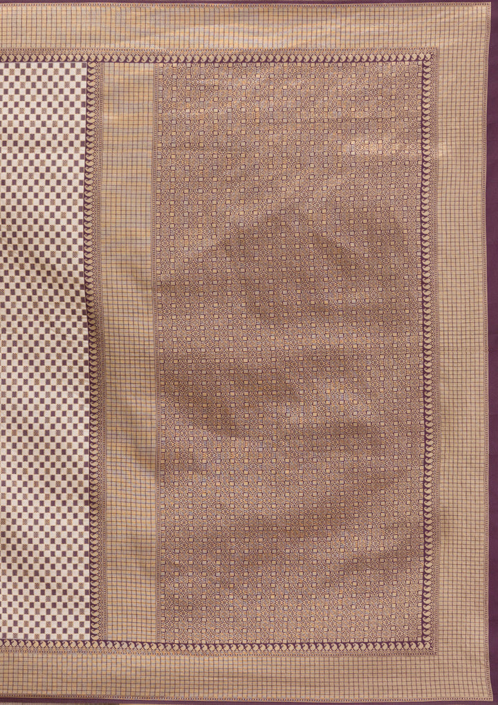 Wine Silk Checks Gold Zariwork Saree With Matching Blouse Piece