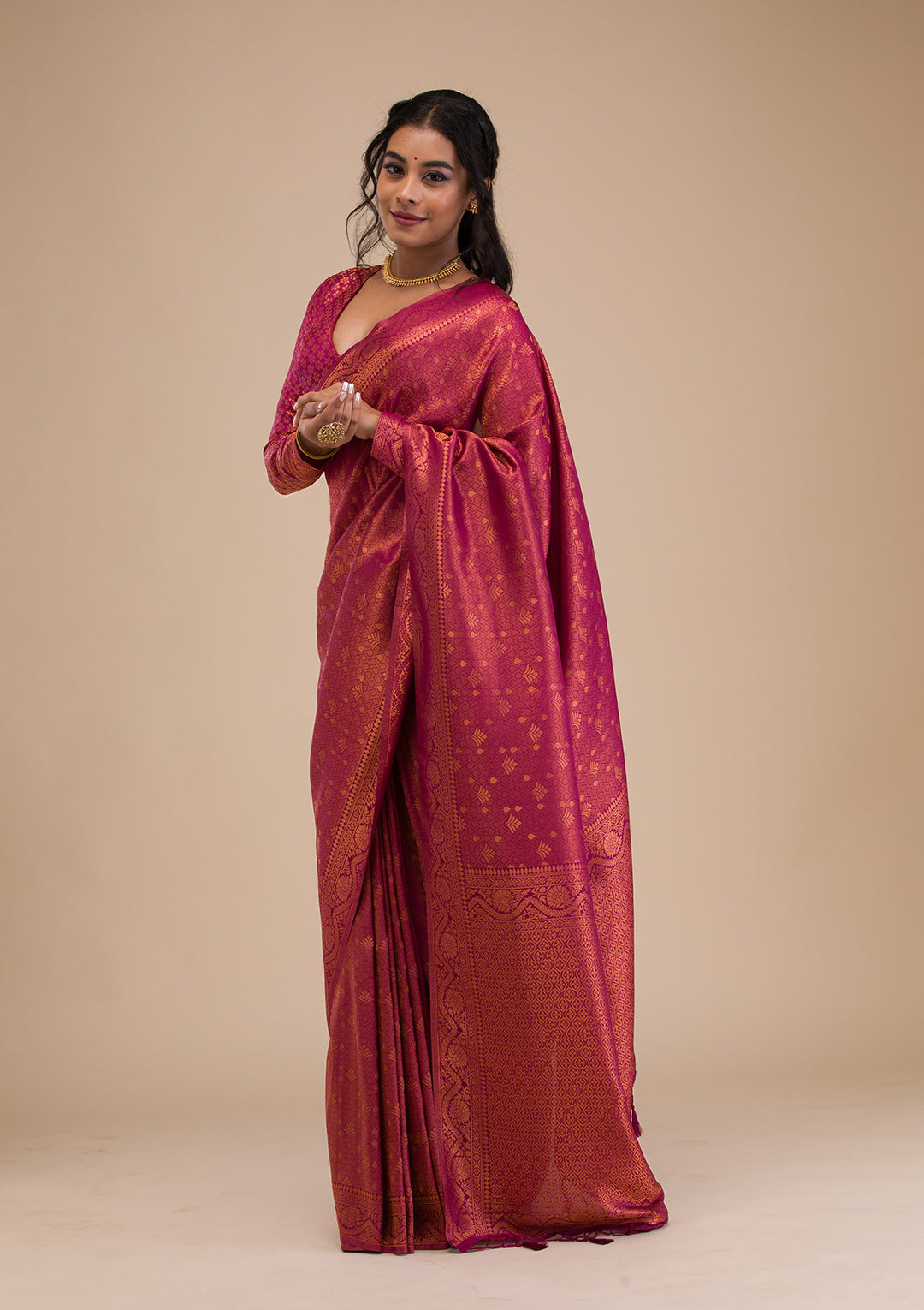 Wine Silk Buti Gold Zariwork Saree With Matching Blouse Piece