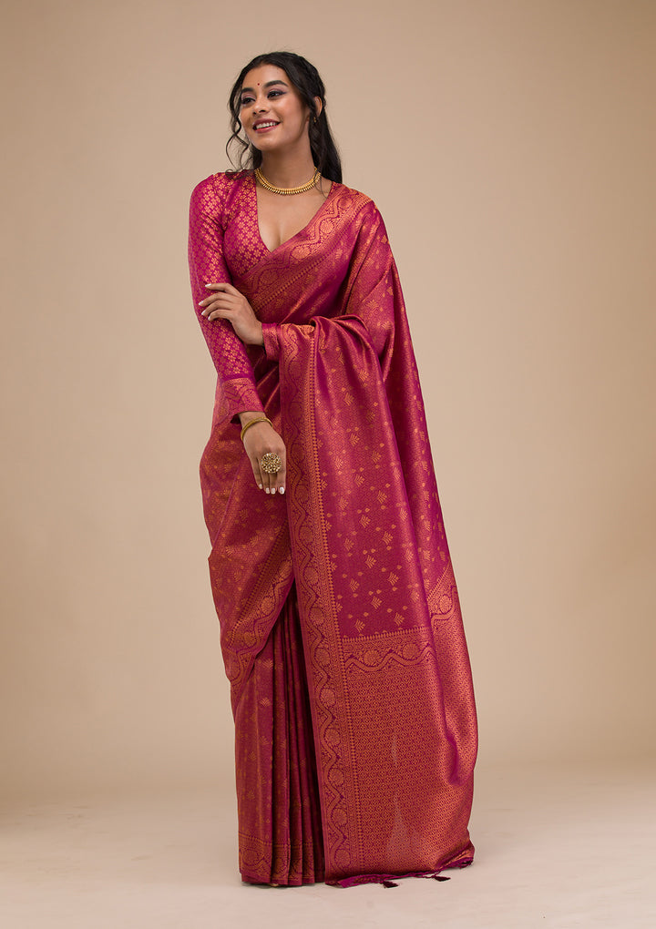 Wine Silk Buti Gold Zariwork Saree With Matching Blouse Piece