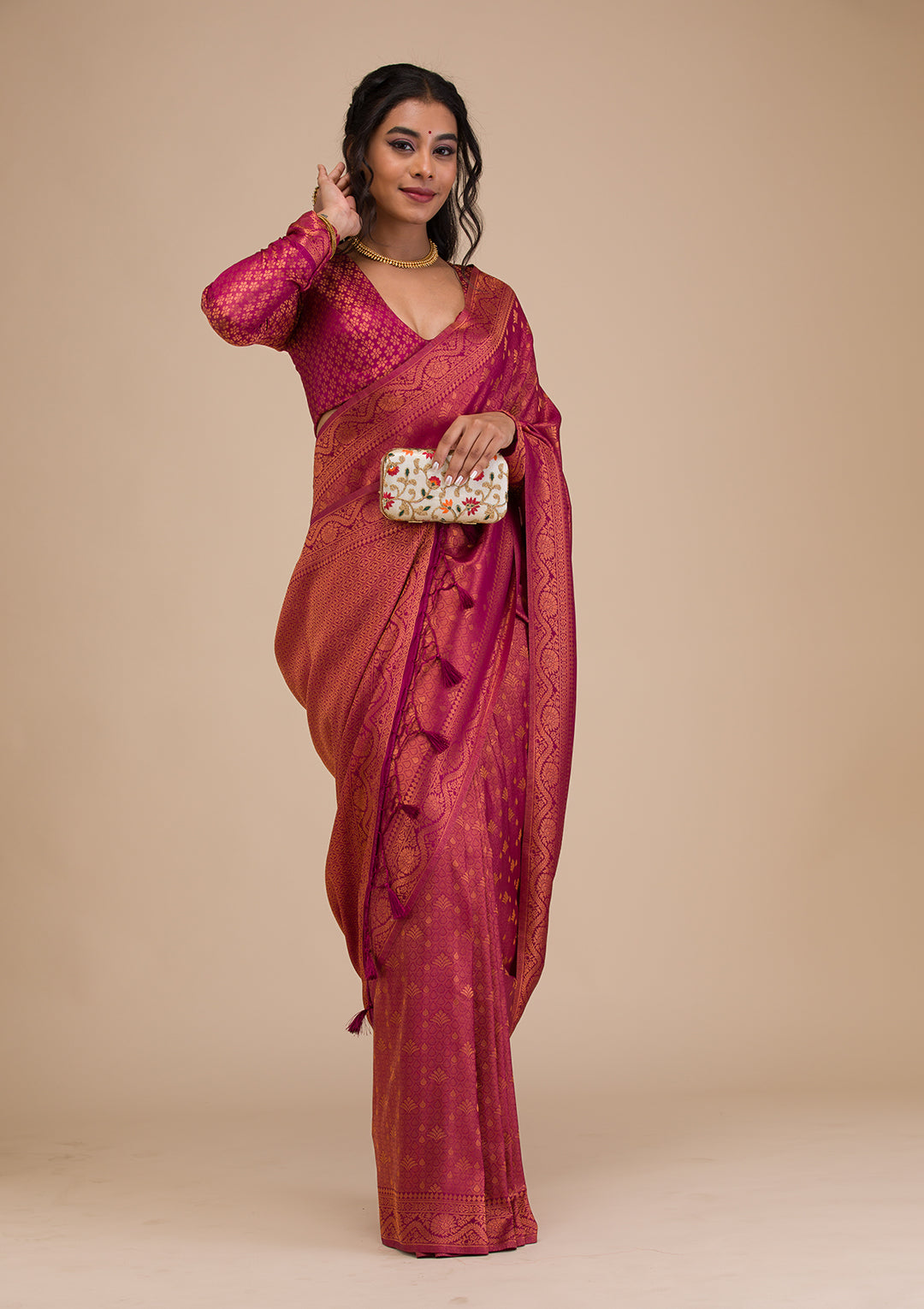 Wine Silk Buti Gold Zariwork Saree With Matching Blouse Piece