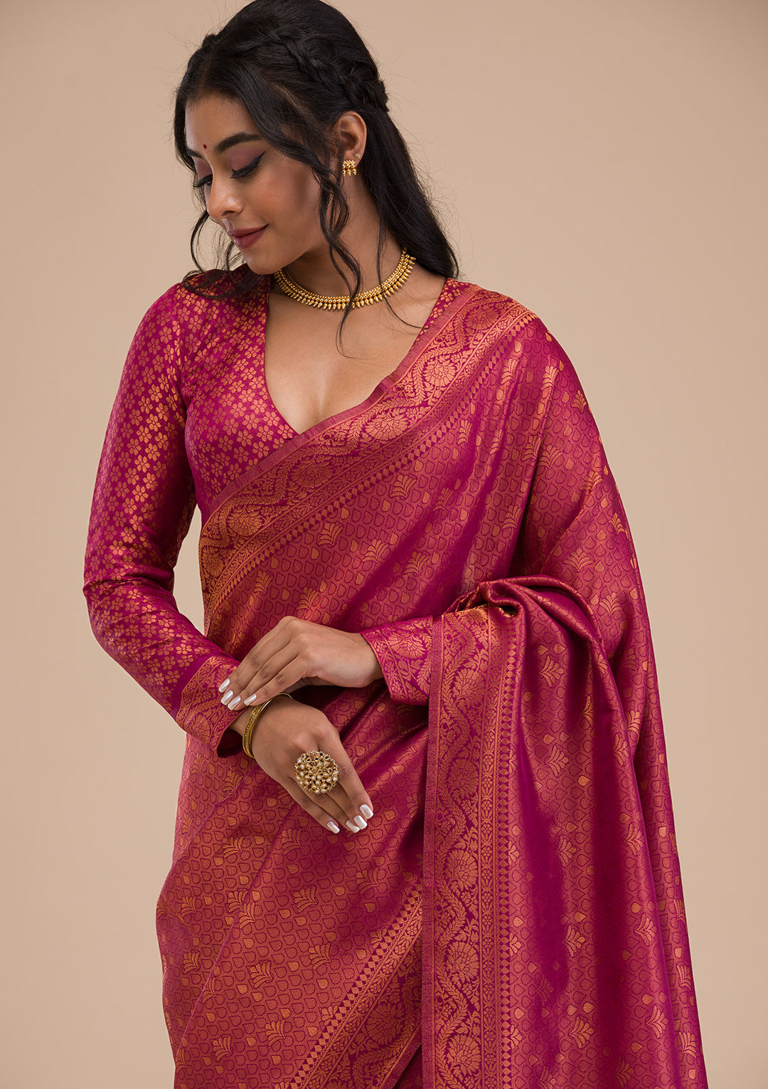 Wine Silk Buti Gold Zariwork Saree With Matching Blouse Piece
